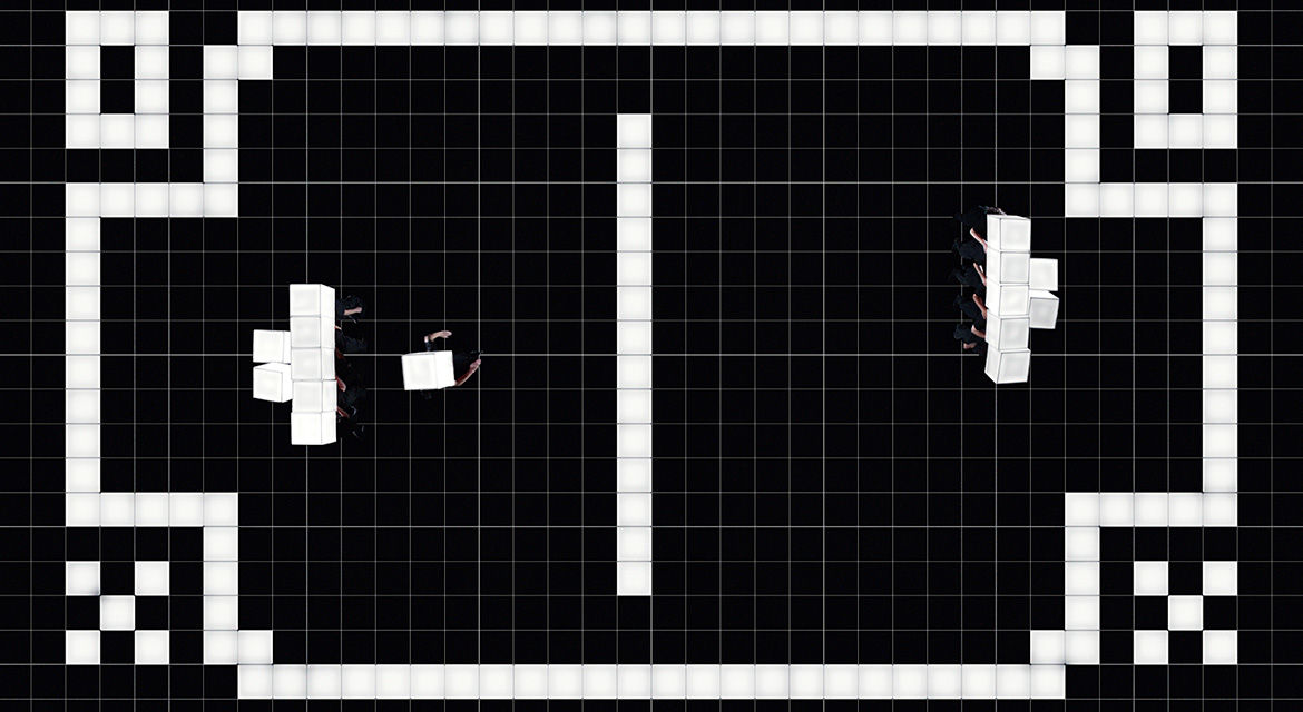 Three RGB cubes join together to make a single white cube and become a part of the game of Pong