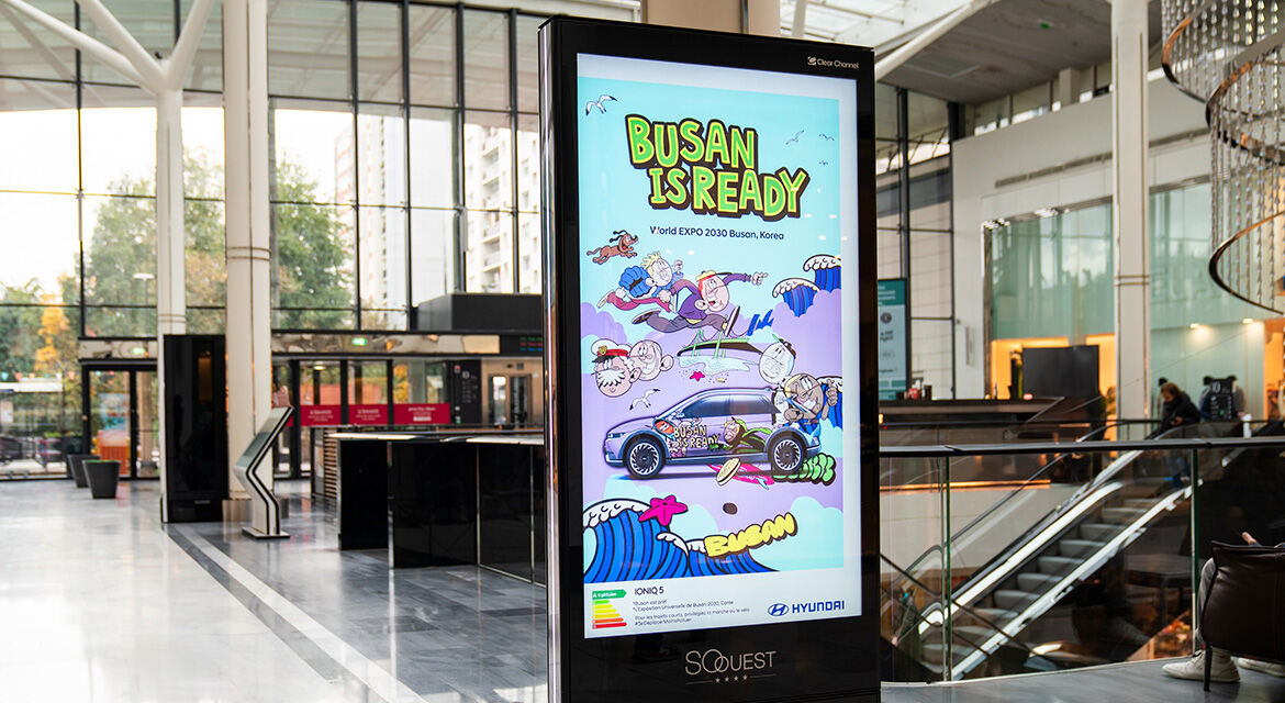 Hyundai Motor Group's 2030 Busan Expo advertisement is being displayed on Champs-Élysées Street, Paris