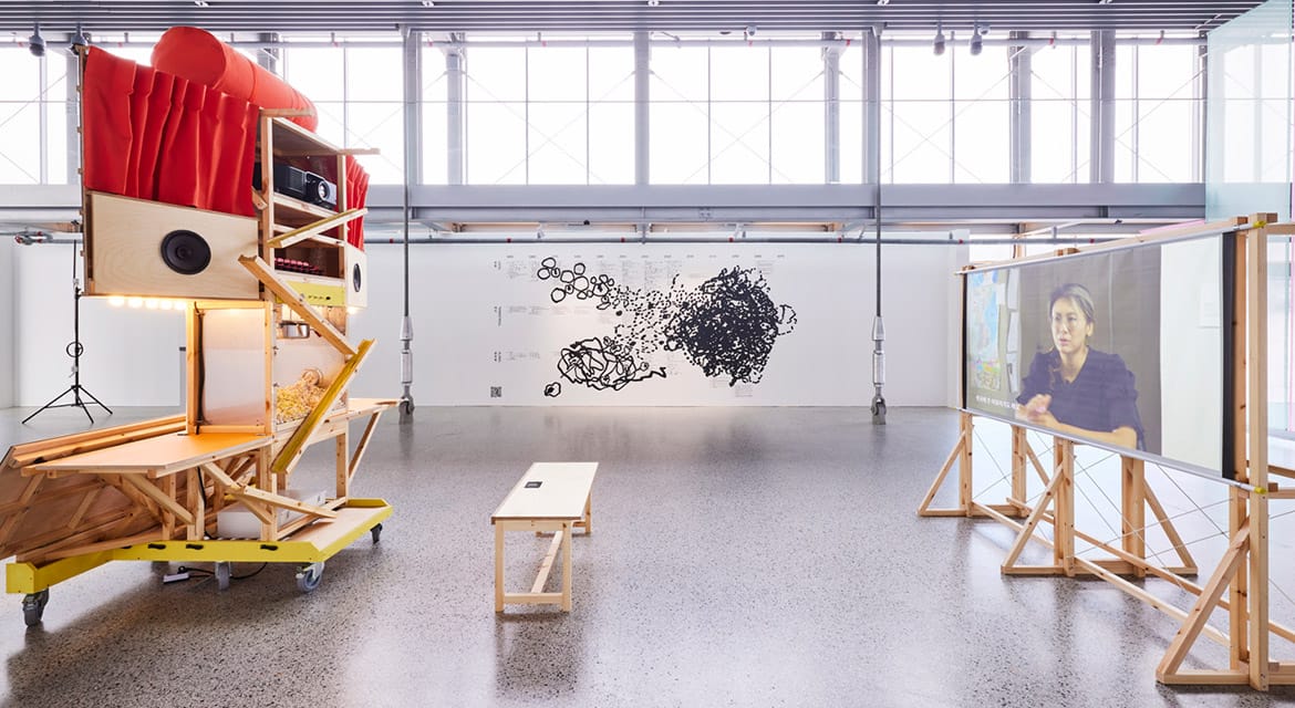 Soft Landing, 2023, Single channel video, color, sound, 30min 26sec, graphic print, mixed media, dimensions variable