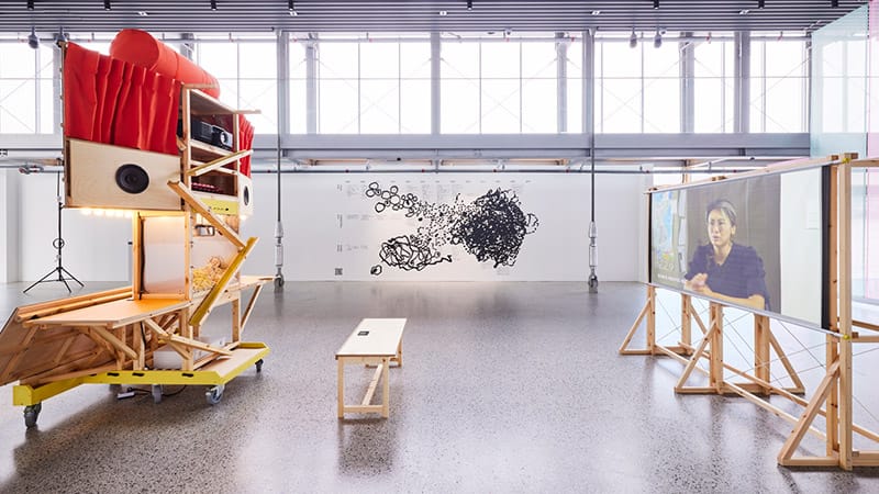 Soft Landing, 2023, Single channel video, color, sound, 30min 26sec, graphic print, mixed media, dimensions variable