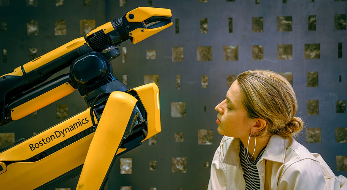 Boston Dynamics Director of Human-Robot Interaction David Robert and artist Miriam Simun explore connection between humans and non-humans through a performance featuring Spot® - The Agile Mobile Robot, with support from Field Application Specialist Hannah Rossi.