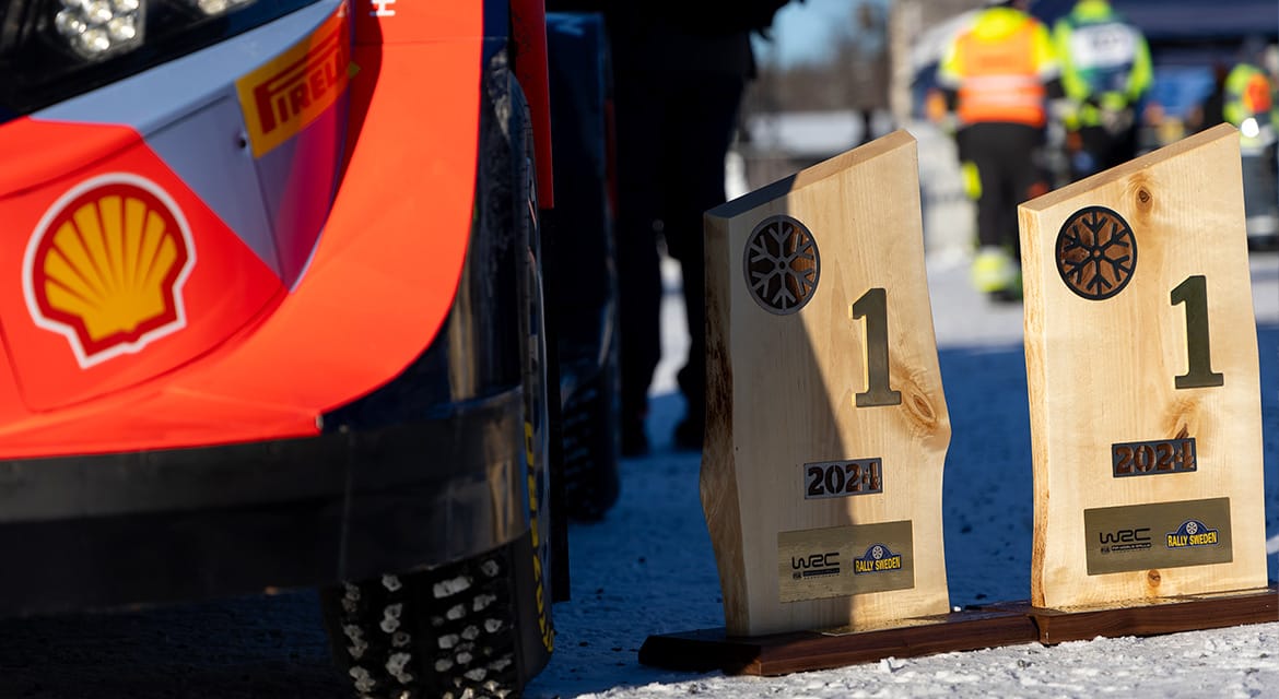 Hyundai i20 N Rally1 Hybrid and the trophies