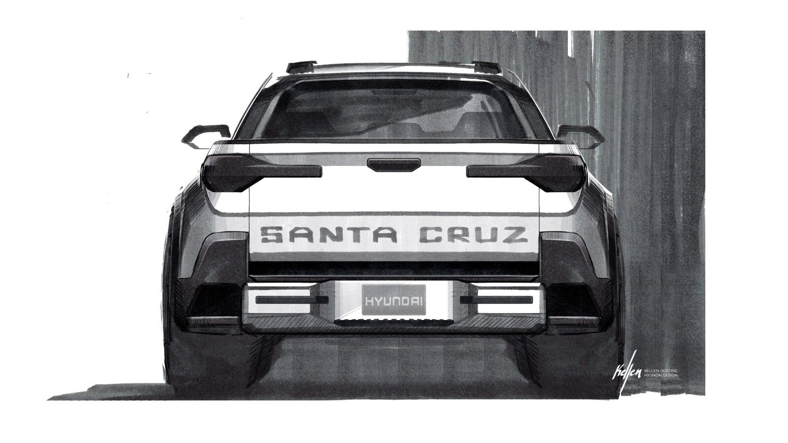 Teaser sketch of the 2025 Hyundai Santa Cruz XRT by Kellen Gustine, exterior designer, Hyundai Design North America.