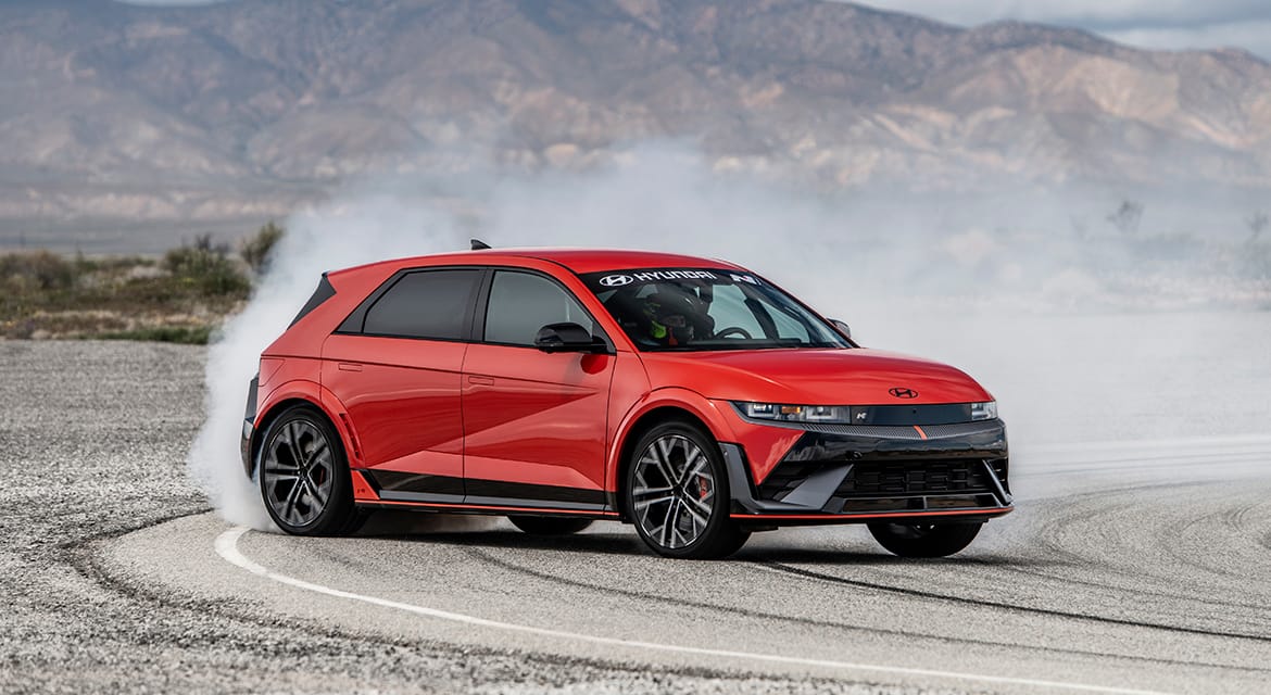 A production Hyundai IONIQ 5 N is being tested for the Pikes Peak International Hill Climb by driver Robin Shute in California City, Calif., on April 5, 2024
