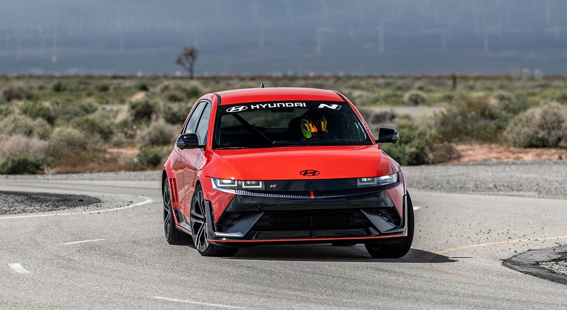 A production Hyundai IONIQ 5 N is being tested for the Pikes Peak International Hill Climb by driver Robin Shute in California City, Calif., on April 5, 2024