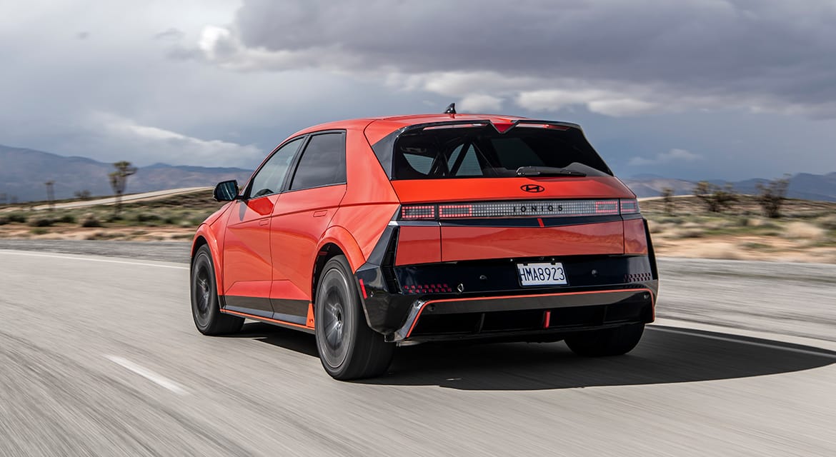 A production Hyundai IONIQ 5 N is being tested for the Pikes Peak International Hill Climb by driver Robin Shute in California City, Calif., on April 5, 2024