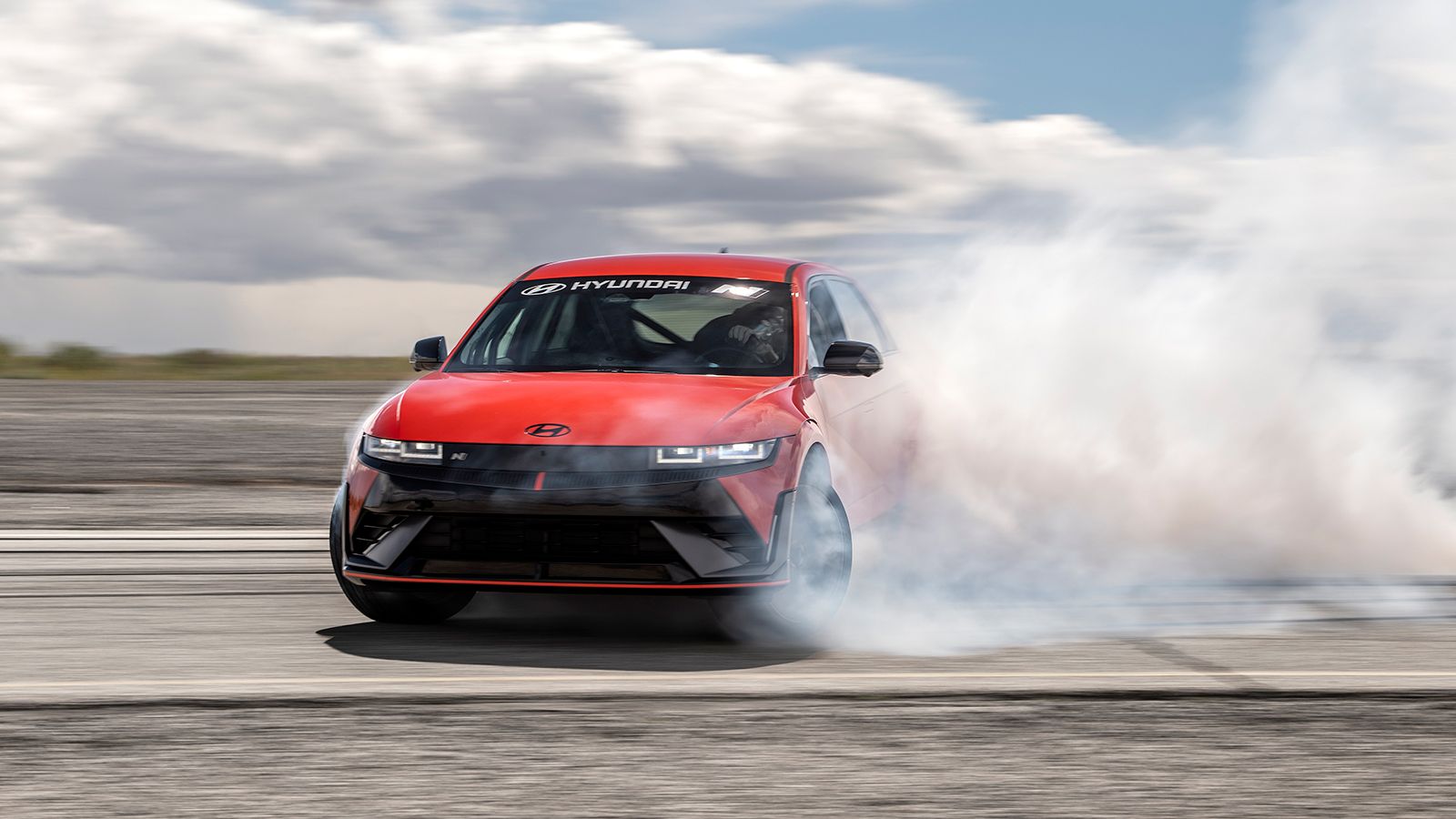 A production Hyundai IONIQ 5 N is being tested for the Pikes Peak International Hill Climb by driver Robin Shute in California City, Calif., on April 5, 2024
