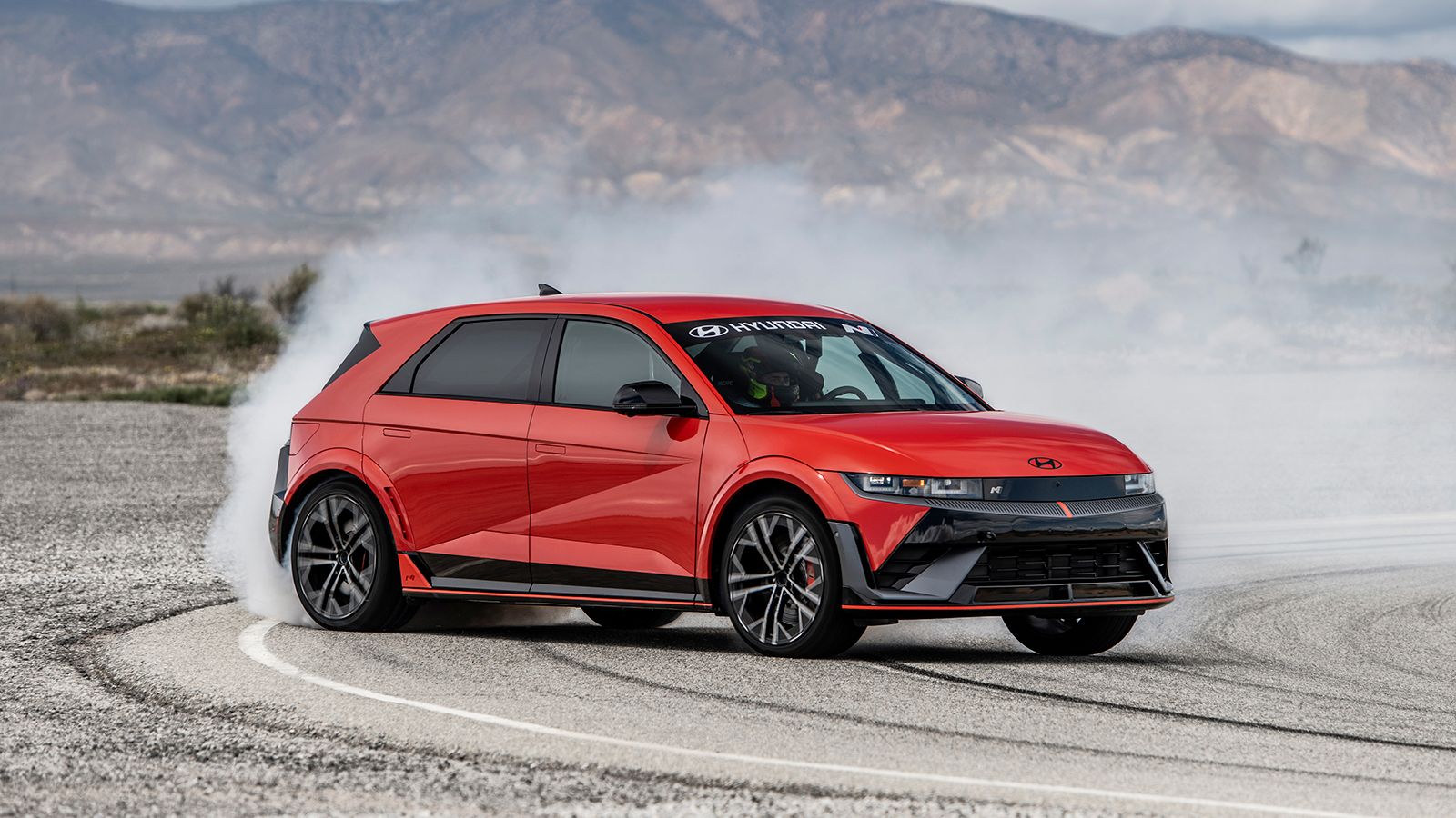 A production Hyundai IONIQ 5 N is being tested for the Pikes Peak International Hill Climb by driver Robin Shute in California City, Calif., on April 5, 2024