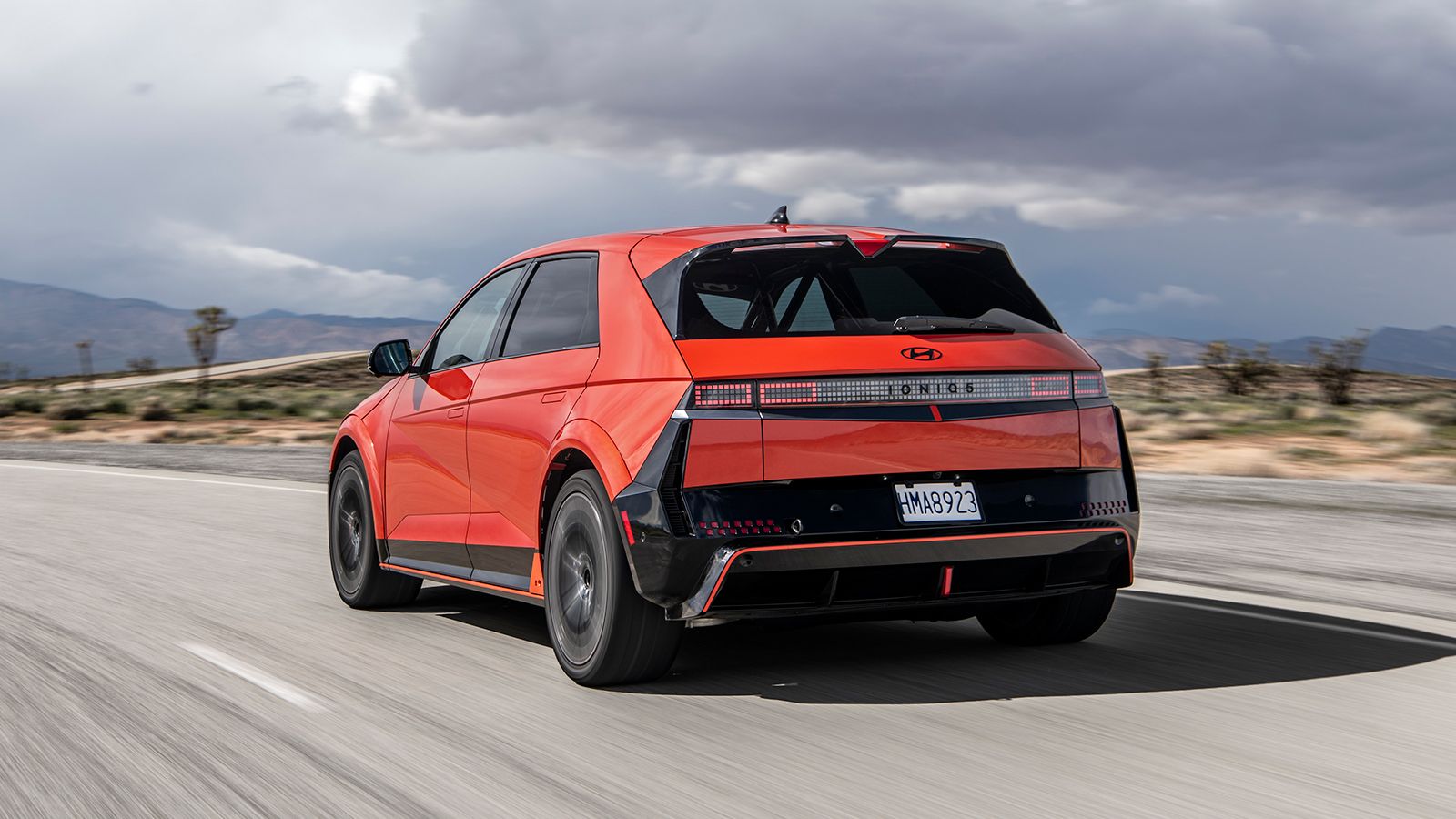 A production Hyundai IONIQ 5 N is being tested for the Pikes Peak International Hill Climb by driver Robin Shute in California City, Calif., on April 5, 2024