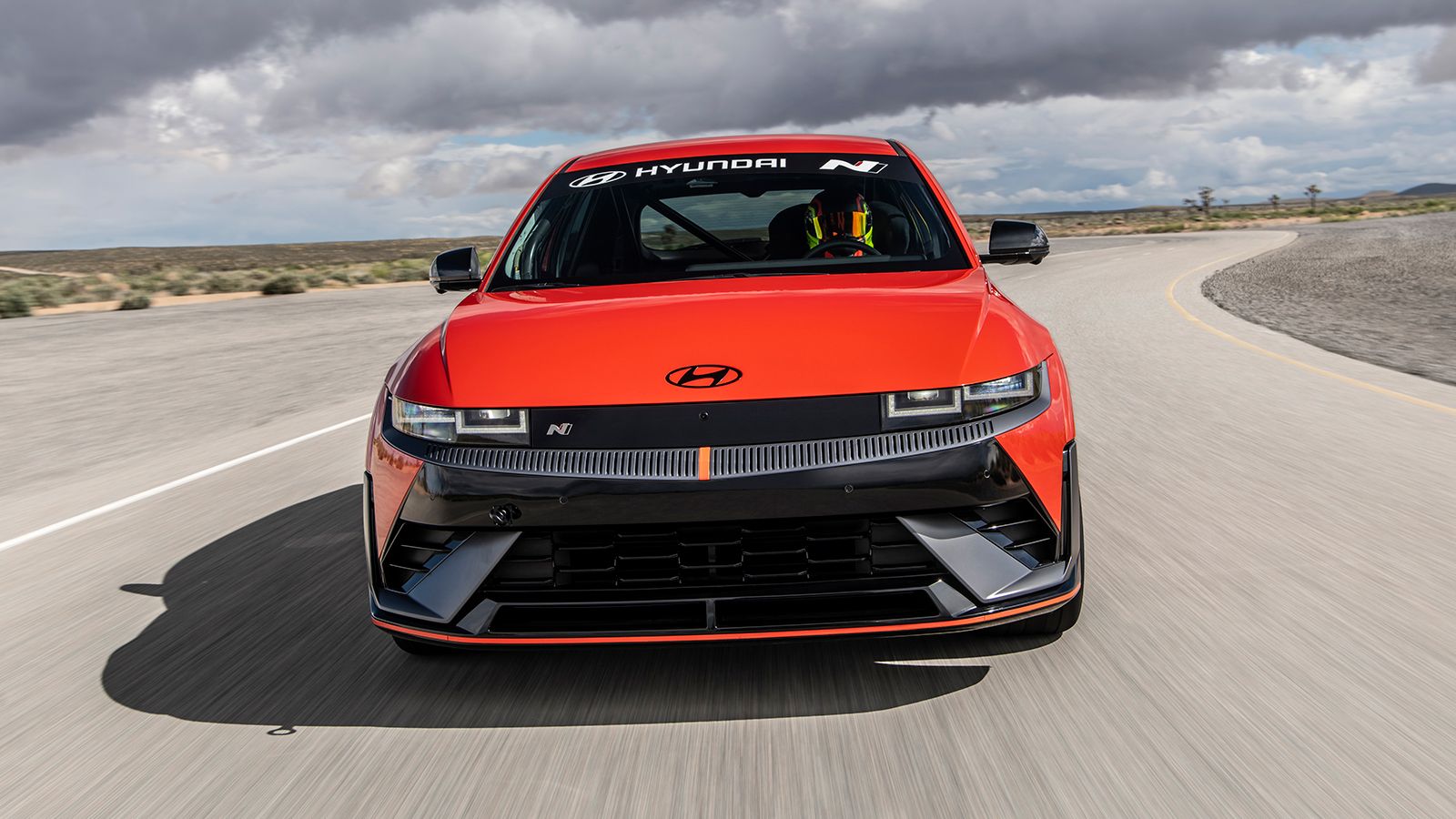 A production Hyundai IONIQ 5 N is being tested for the Pikes Peak International Hill Climb by driver Robin Shute in California City, Calif., on April 5, 2024