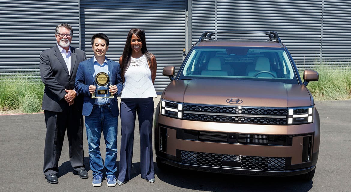 Robert Mansfield, vice president, global automotive, J.D. Power, presents the J.D. Power APEAL Best Midsize SUV trophy for the Hyundai SANTA FE to Ricky Lao, director, product planning and mobility strategy, Hyundai Motor North America and Olabisi Boyle, senior vice president, product planning and mobility strategy, Hyundai Motor North America in Fountain Valley, Calif., July 23, 2024.