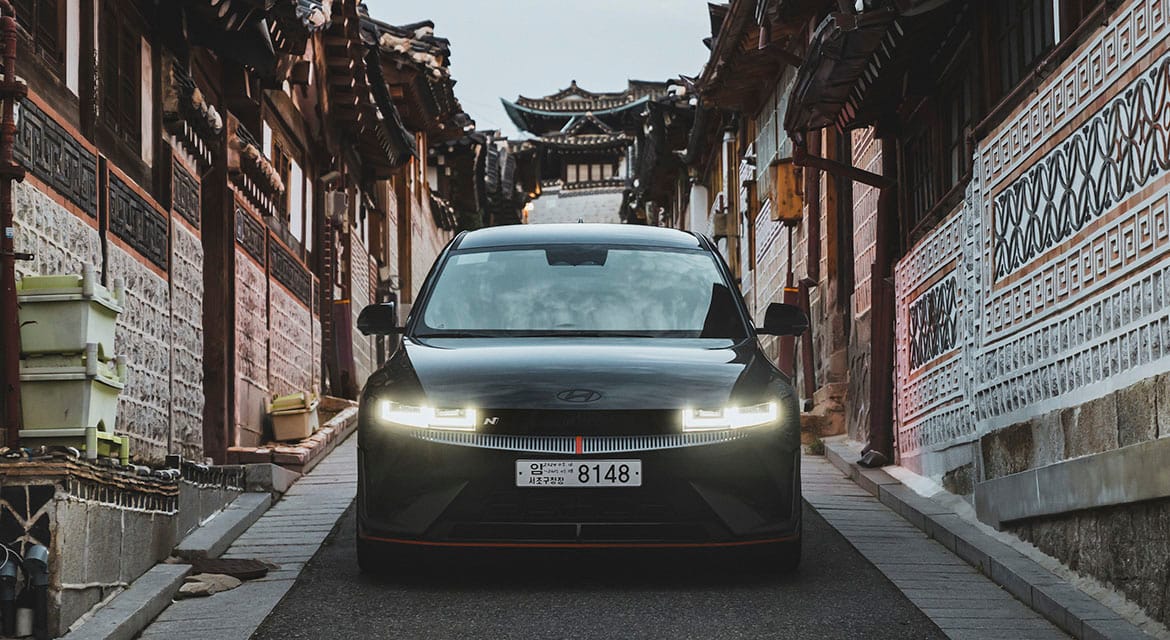 Stunning views from the narrow, steep streets of Seoul's Bukchon hanok village frame the modernity of the city