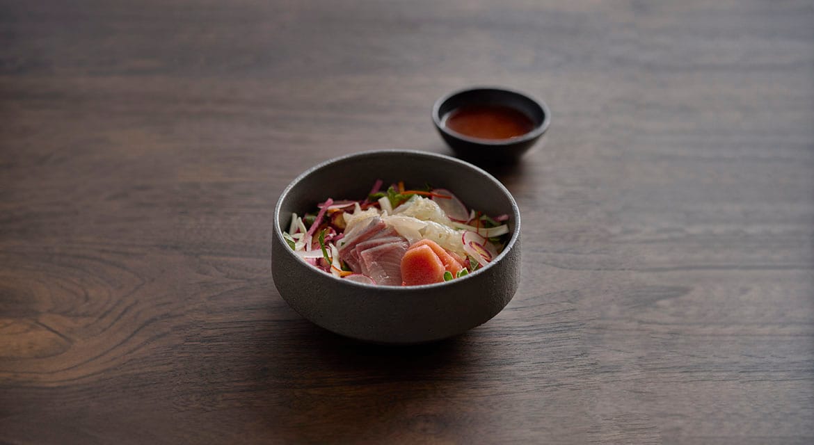 Hwe-dupbap features albacore tuna, jackfish, fluke, and salted pollack roe accompanied by an assortment of vegetables, including ice plant freshly harvested from HMGICS’ Smart Farm.