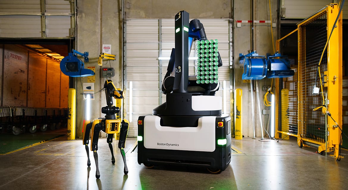 Spot, quadruped (four-legged) robot capable of mobility on a variety of terrains, and a mobile warehouse Stretch