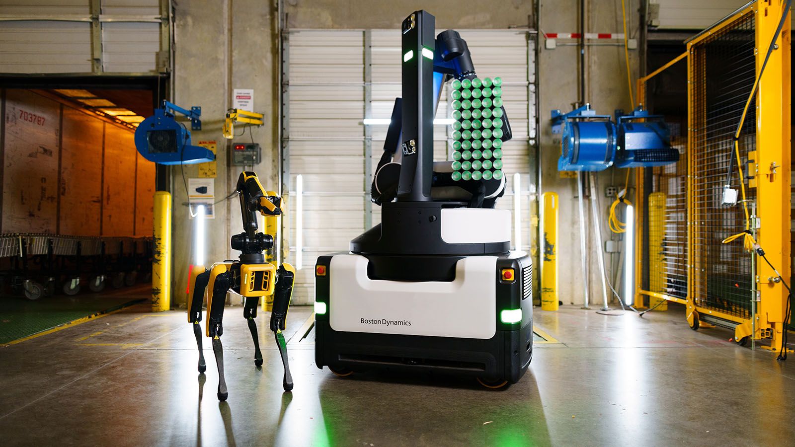 Spot, quadruped (four-legged) robot capable of mobility on a variety of terrains, and a mobile warehouse Stretch
