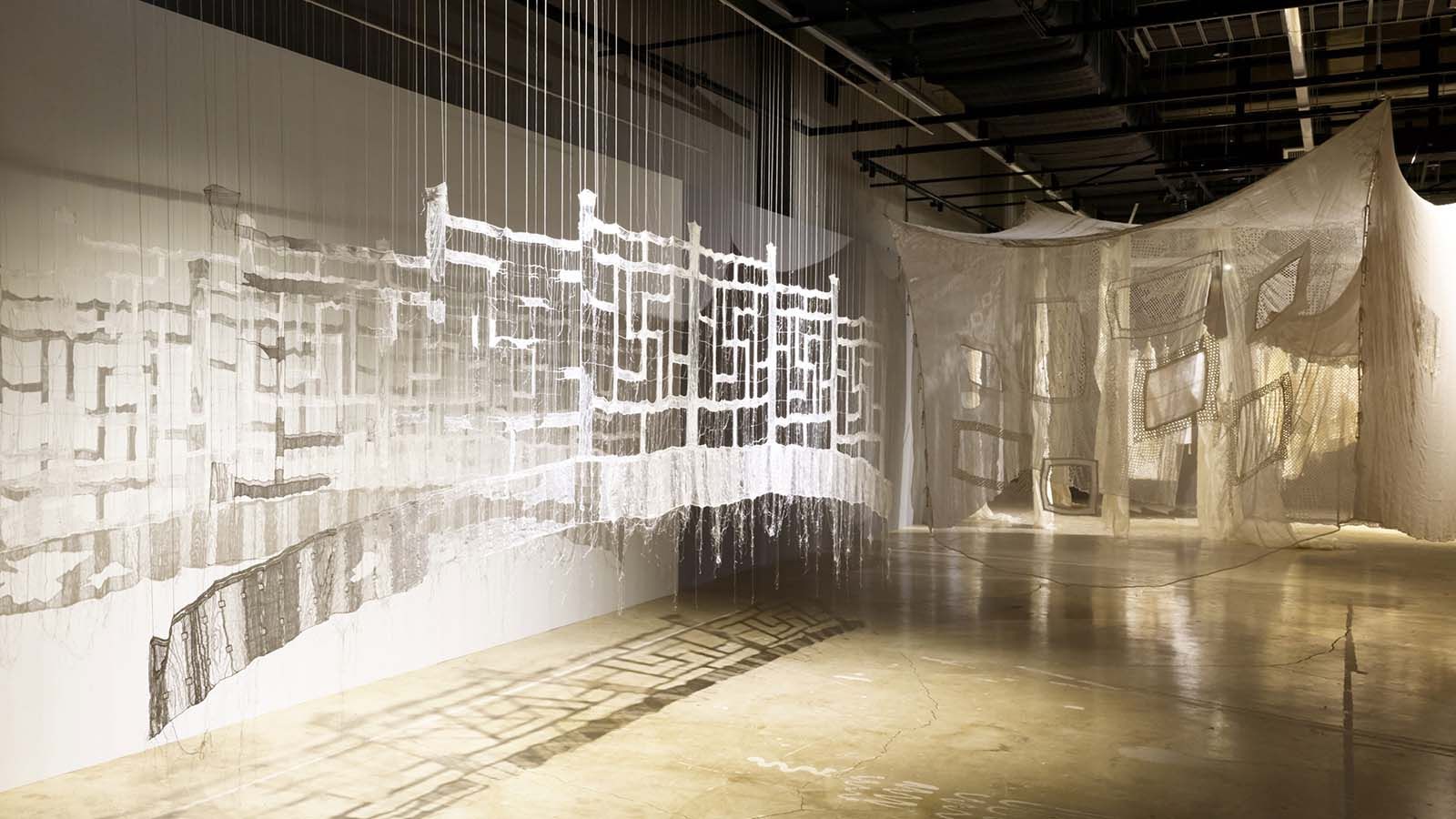Sumakshi Singh, Spanning the void, 2025 and PÉRO, Entangled Memories, Interwoven Stories, 2025, installation view in Hyundai Translocal Series: Entangled and Woven, Cheongju Craft Biennale 2025