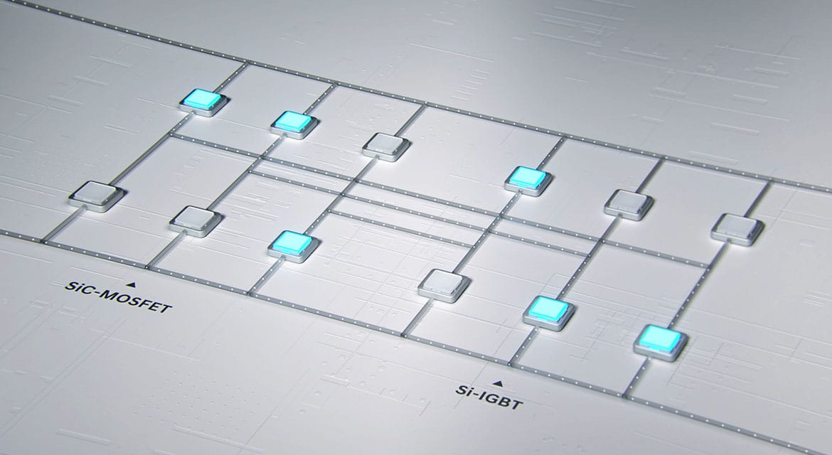 The 2-Stage Motor System features a dual inverter structure equipped with 12 semiconductor switches in a “6 plus 6” configuration, doubling the conventional count.