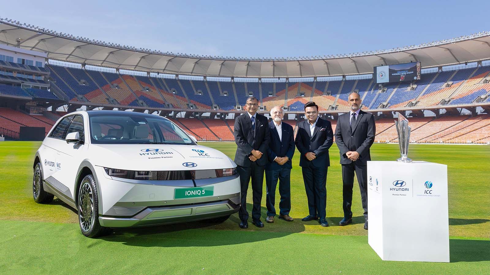 (From left to right) Mr. Tarun Garg, Managing Director & CEO designate, HMIL, Mr. Imran Khwaja, Deputy Chairman, ICC, Mr Jay Shah, Chairman, ICC and  Mr. Sanjog Gupta, CEO, ICC - at the signing ceremony of Hyundai and ICC multi-year global partnership