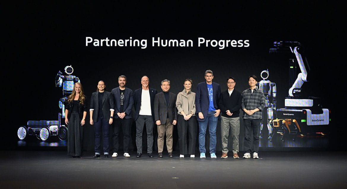 (From left) Merry Frayne, Director of Spot Product Management at Boston Dynamics; Carolina Parada, Head of Robotics at Google Deepmind; Alberto Rodriguez, Director of Atlas Behavior at Boston Dynamics; Robert Playter, CEO of Boston Dynamics; Jaehoon Chang, Vice Chair of Hyundai Motor Group; Aya Durbin, Humanoid Application Product Lead at Boston Dynamics; Zachary Jackowski, Vice President and General Manager of Atlas at Boston Dynamics; Woong Jae Lee, Vice President of Manufacturing Division at Hyundai Motor Group and Chief Innovation Officer of Boston Dynamics; Seunghyun Woo, Future Strategy Team Lead at Hyundai Motor Group