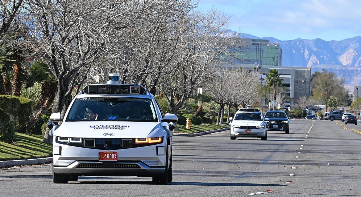Hyundai IONIQ5 Motional robotaxi driving down Las Vegas strip