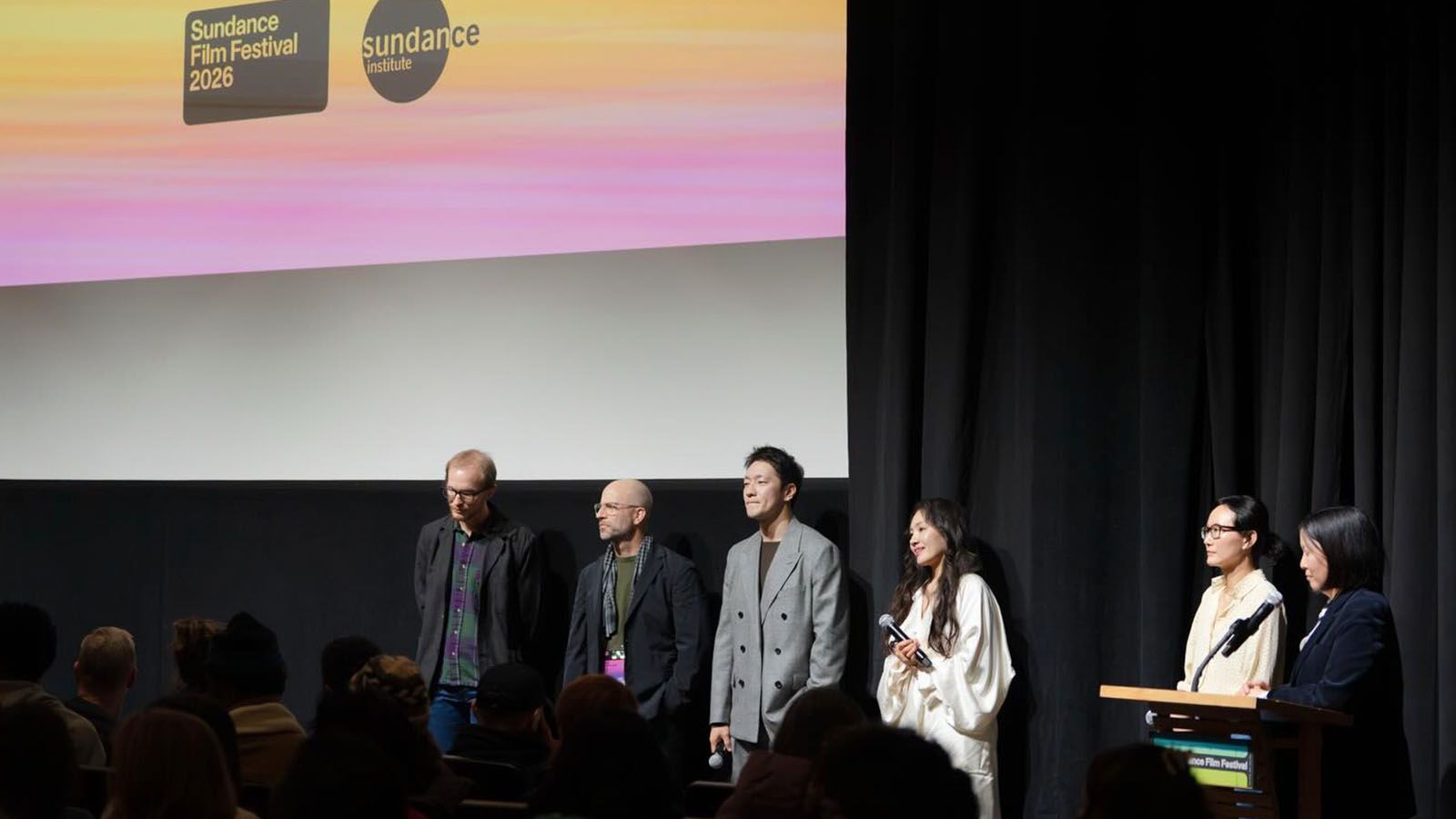 Third from the left: actor Son Sukku, actress Moon Choi, and director Stephanie Ahn.
