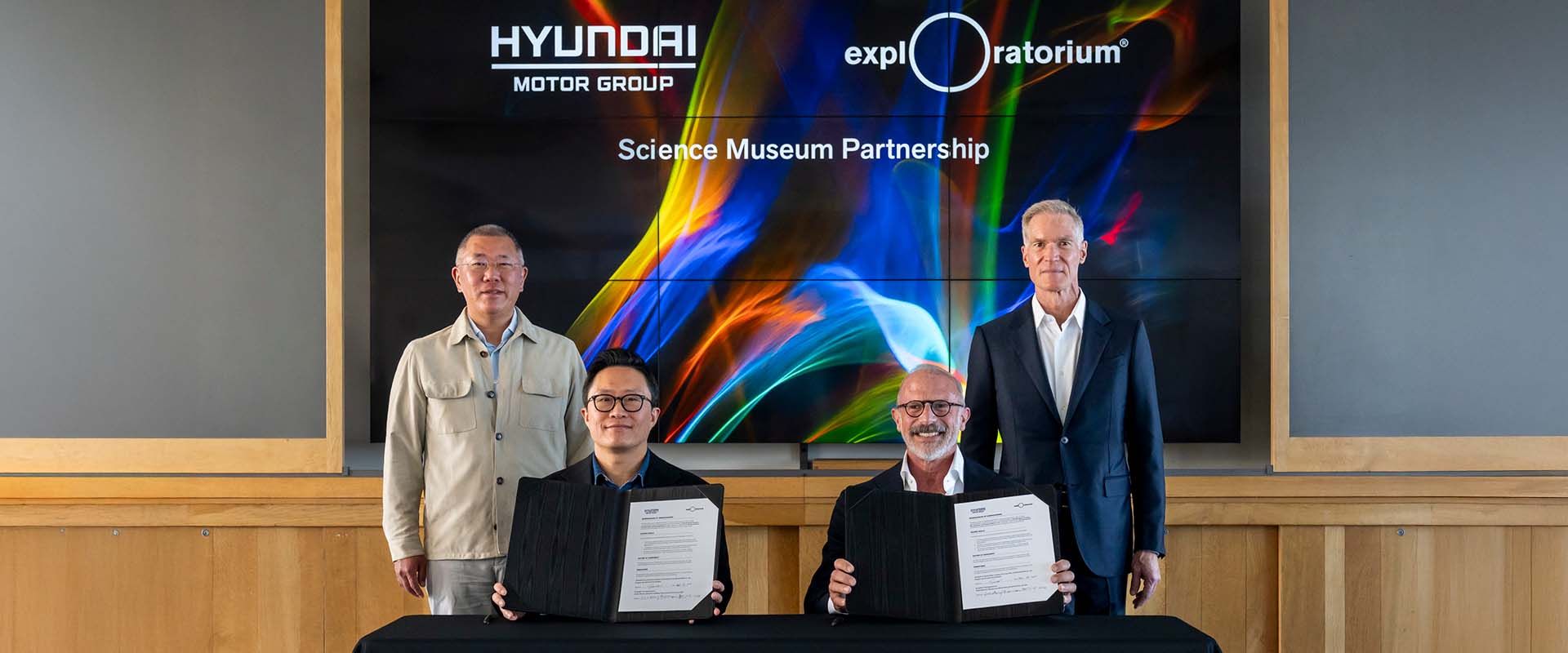 (From left) Euisun Chung, Executive Chair of Hyundai Motor Group, Sungwon Jee, Executive Vice President and Head of Hyundai Motor Group Brand Experience Unit, Lindsay Bierman, the Sakurako and William Fisher Executive Director and CEO of the Exploratorium, William F. (Bill) Mellin, Chair of the Board of Trustees at the Exploratorium.