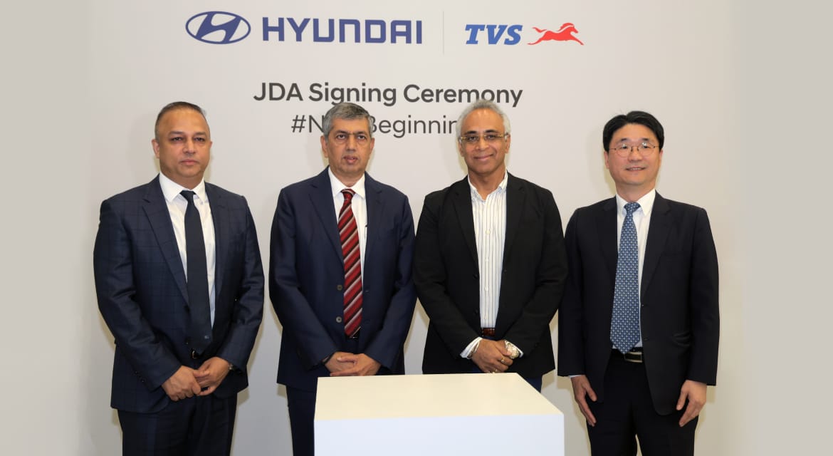 (from left) Sharad Mishra, President, Group Strategy at TVS Motor Company; K.N. Radhakrishnan, Director and CEO of TVS Motor Company; Amitabh Lal Das, Chief Legal Officer of Hyundai Motor India Limited; Joongsun Ko, Senior Vice President of Corporate Strategy & Planning at Hyundai Motor Company