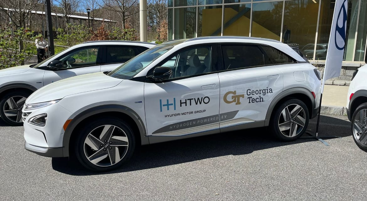 Hyundai NEXO hydrogen-powered fuel cell SUV is photographed at an MOU-signing commemorative event held by Hyundai Motor Company and Georgia Tech to further collaborate on hydrogen mobility development in Atlanta, GA.
