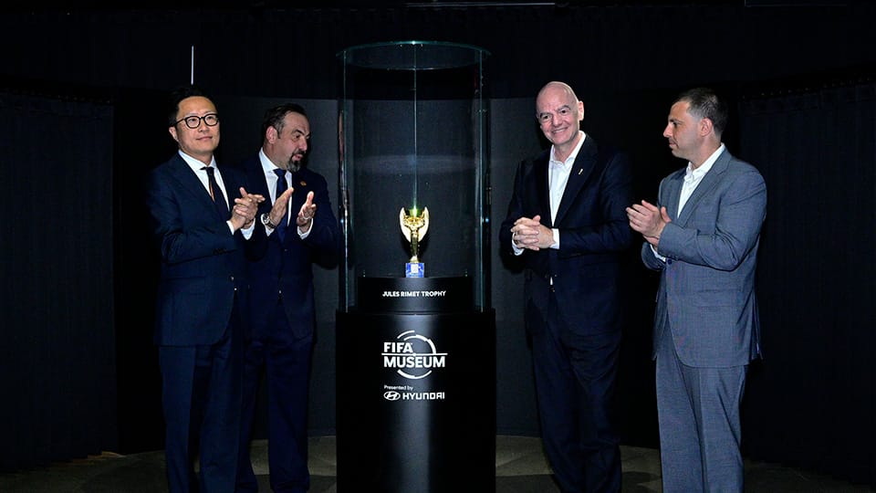 From left: Sungwon Jee, Executive Vice President and Global Chief Marketing Officer, Hyundai Motor Company; Marco Fazzone, Managing Director, FIFA Museum; Gianni Infantino, FIFA President; Alex Lasry, Chief Executive Officer, FIFA World Cup 2026™ New York New Jersey Host Committee