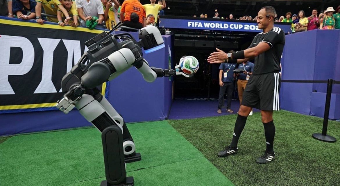 Atlas delivers the ceremonial match ball to the referee.
