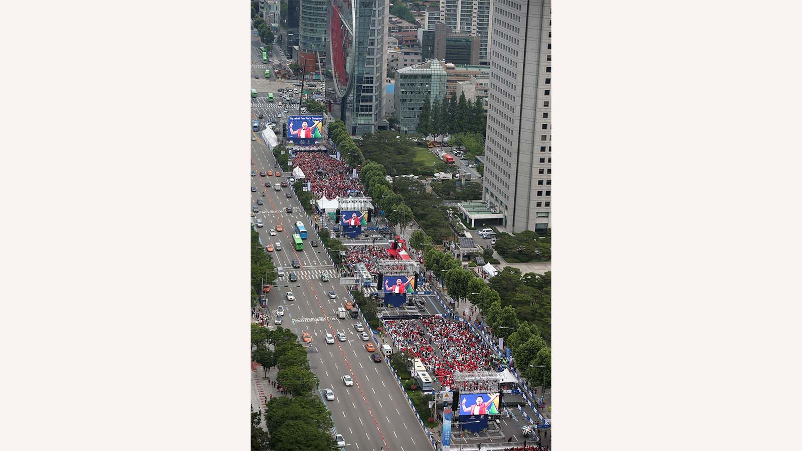 Hyundai Fan Park on Gangnam-daero in Seoul during the 2014 FIFA World Cup Brazil™, offering fans a shared World Cup experience.