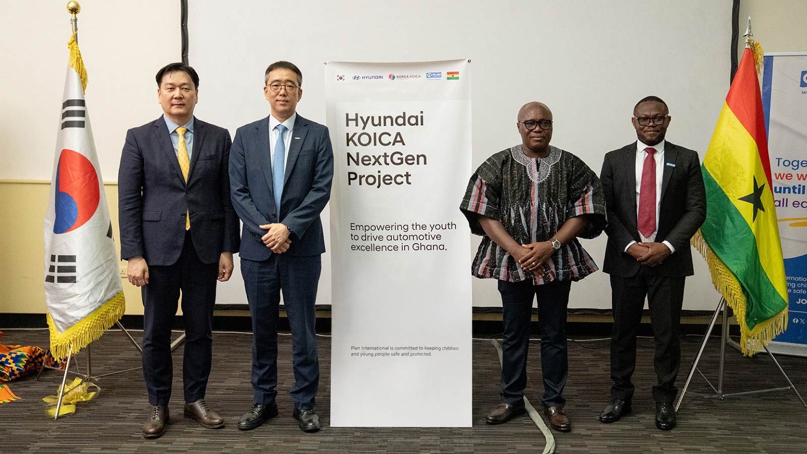(From Left) Jae Sun Yoo, Team Leader of Hyundai Motor M.East & Africa Headquarters Marketing&Communication Team; Dongwan Woo, Country Director of the KOICA Ghana Office; Ing. Dr. Eric Kofi Adzroe, Director-General of Ghana TVET Service; and Frederick Tei-Nobi, Acting Country Director of Plan International Ghana