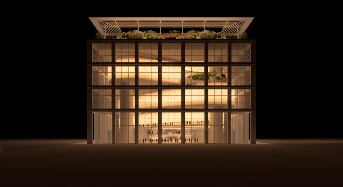 Exterior night view of the GBC experiential science museum.