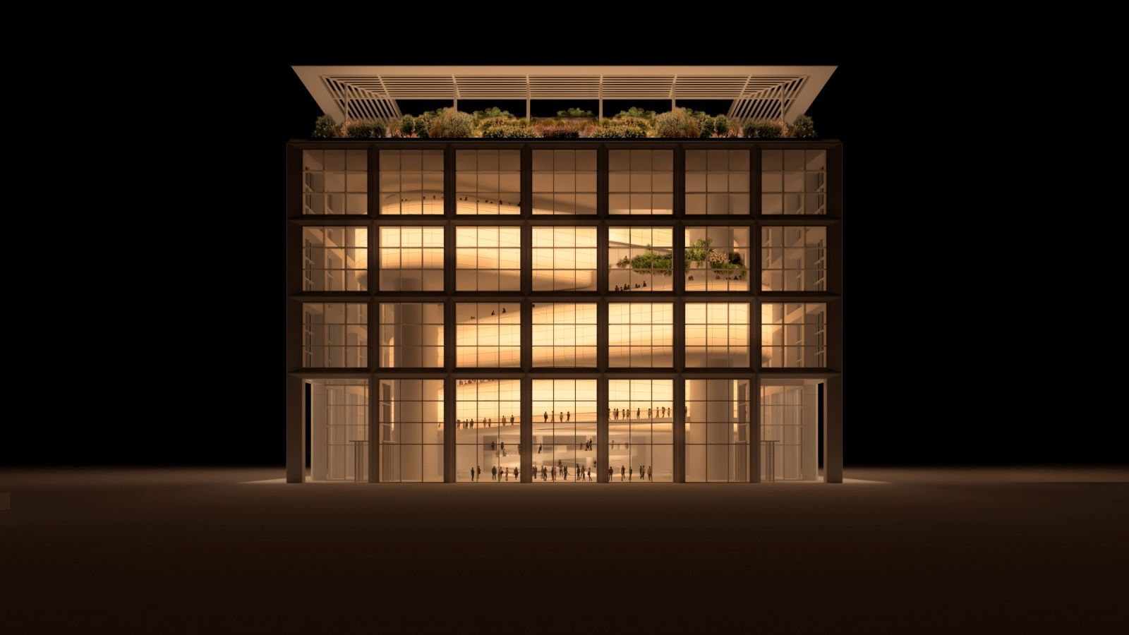 Exterior night view of the GBC experiential science museum.
