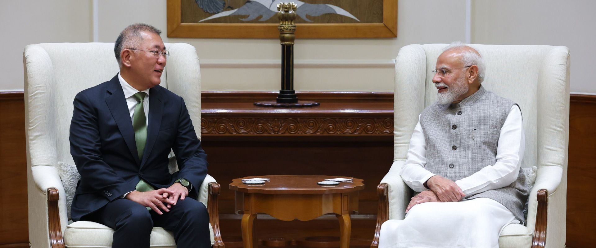 Meeting between Indian Prime Minister Hon’ble Shri Narendra Modi Ji and Hyundai Motor Group Executive Chair Mr. Euisun Chung at the Prime Minister’s Office in New Delhi on October 13, 2026.
