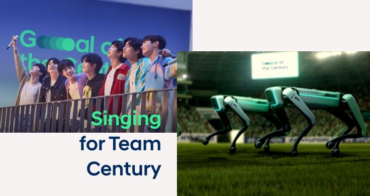무대 위 BTS 멤버 7명 모두 보이지 않는 관객과 마주하고 있으며, 뒤에 파란 화면에 'Century'가 초록색으로 적혀 있다.