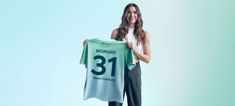 Alex Morgans’s green and gray Team Century jersey with “MORGAN”, “31” and “Team Century” written on the back in dark blue.