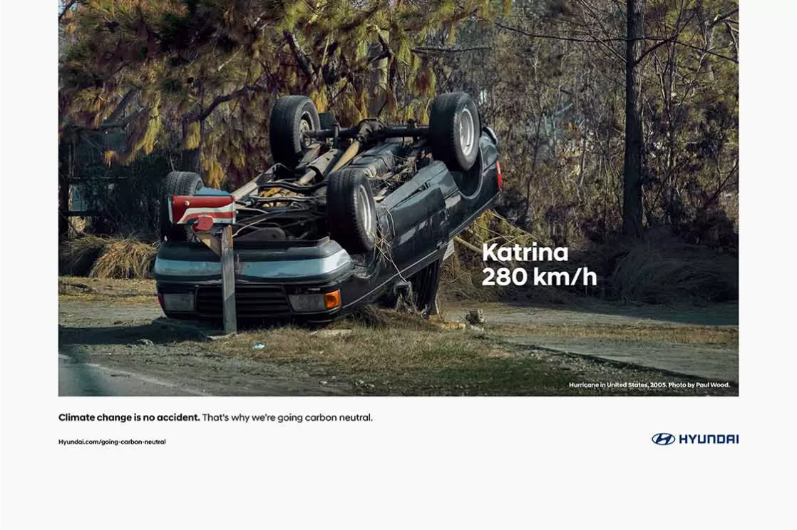 A car being upside down because of the hurricane Katrina