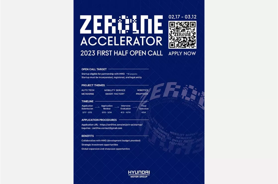 Hyundai Motor Group Recruiting Startups for 2023 ZER01NE Accelerator First-Half Open Call