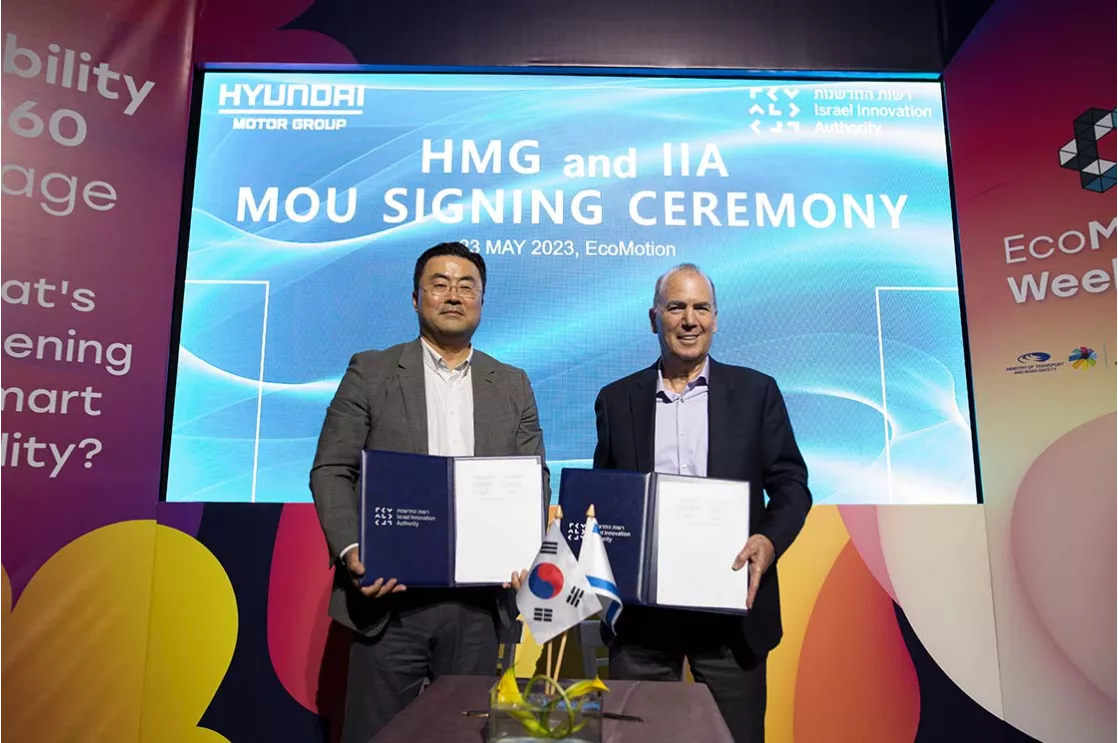 Hyundai Motor Group (the Group) this week signed a memorandum of understanding (MoU) for a strategic partnership with the Israel Innovation Authority at EcoMotion Week 2023 in Tel Aviv. At the 11th annual event, Heung-soo Kim, Executive Vice President and Head of the Global Strategy Office (GSO), delivered a keynote speech on ‘Hyundai Innovation in Israel.’