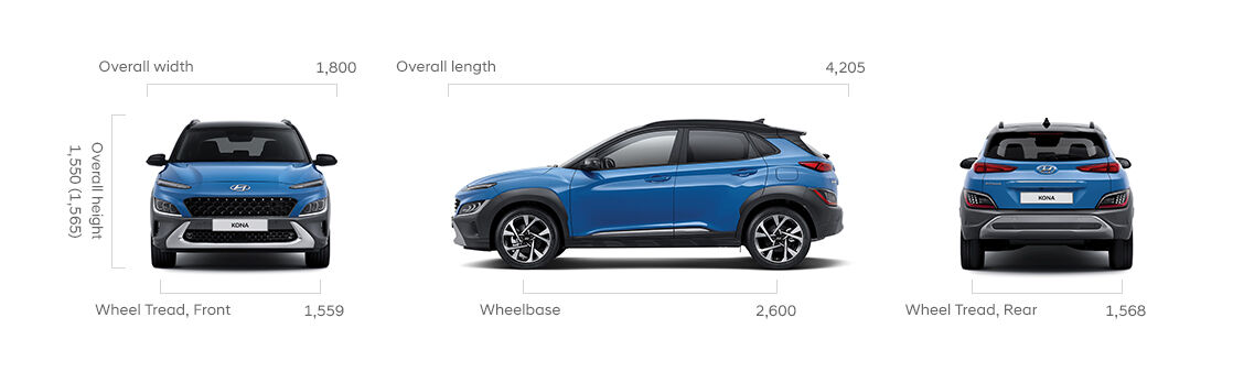 Kona specification image - Overall Width 1800, Overall Height 1550(1565), Wheel Tread, Front, 1559, Overall Length 4205, Wheel Base 2600, Wheel Tread, Rear 1568