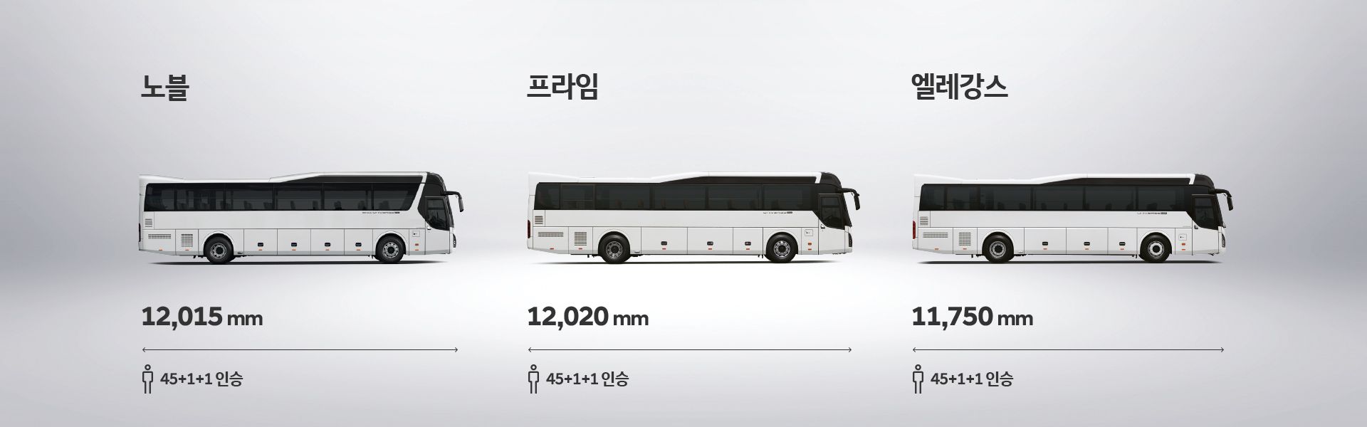 노블 : 길이 12,015mm 45+1+1인승, 프라임 : 길이 12,020mm 45+1+1인승, 엘레강스 : 길이 11,750mm 45+1+1인승