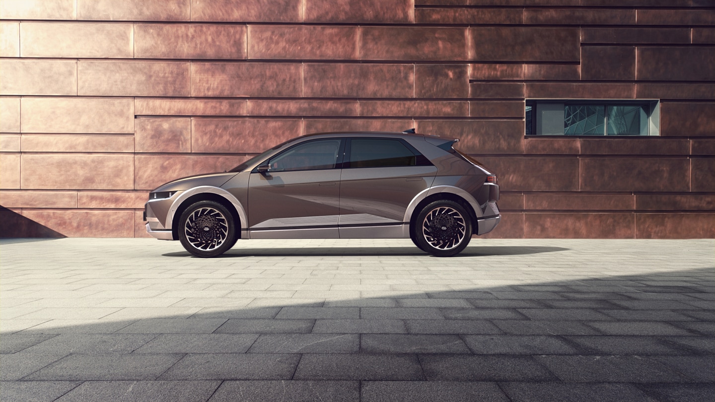 Hyundai IONIQ 5 in Mystic Olive Green Pearl from the side