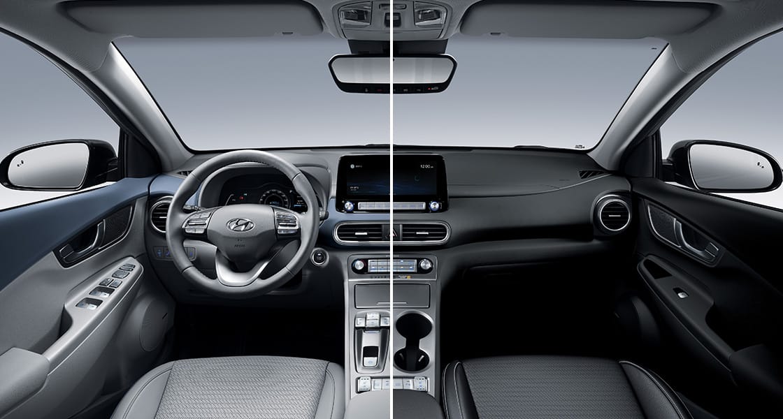 KONA Electric Interior Stone Grey(left), One-tone Black(right)